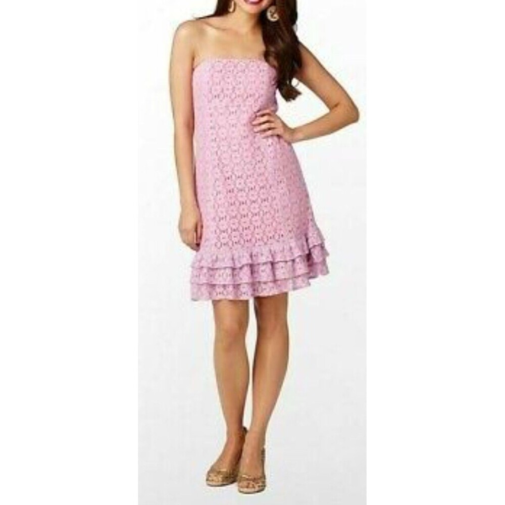 Lilly Pulitzer Pink Floral Eyelet Strapless Tiered Ruffle Mini Dress Size 6 - Picture 1 of 10